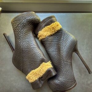 YSL Women’s Dark Brown Leather High-Heel Ankle Boots with Shearling Trim